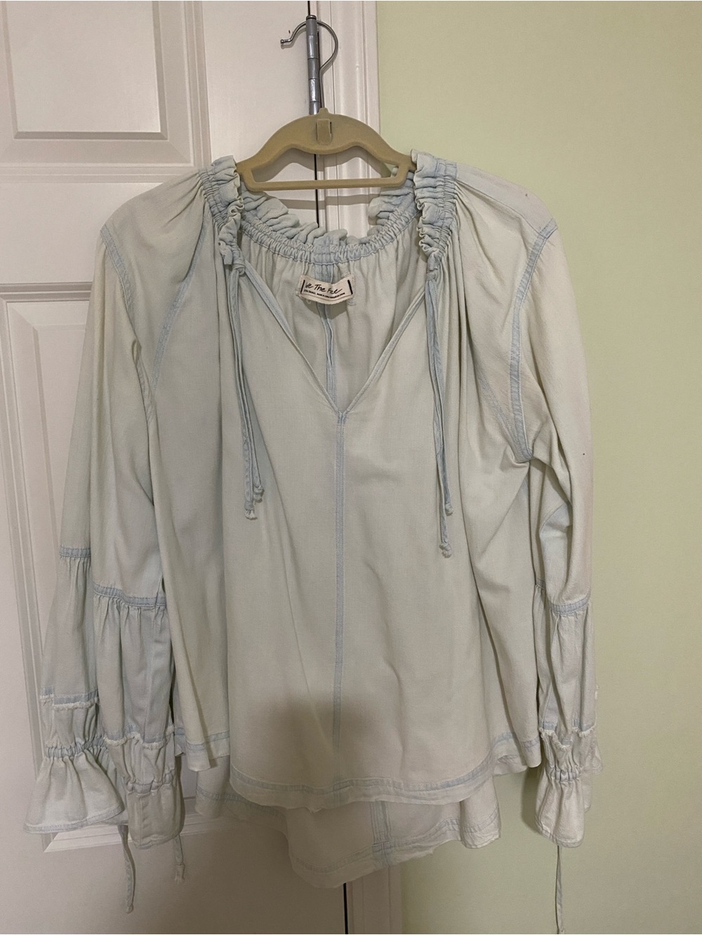 We The Free Pale Blue Peasant Blouse with Ruffle Sleeves